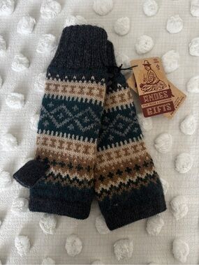 Andes Gifts Women's Wool Fingerless Mittens - Dark Gray, Teal & Brown